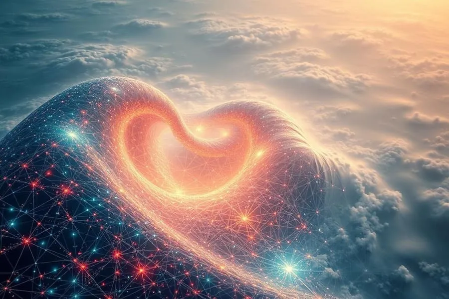 Abstract glowing heart shape amidst clouds. The Genius Wave review.