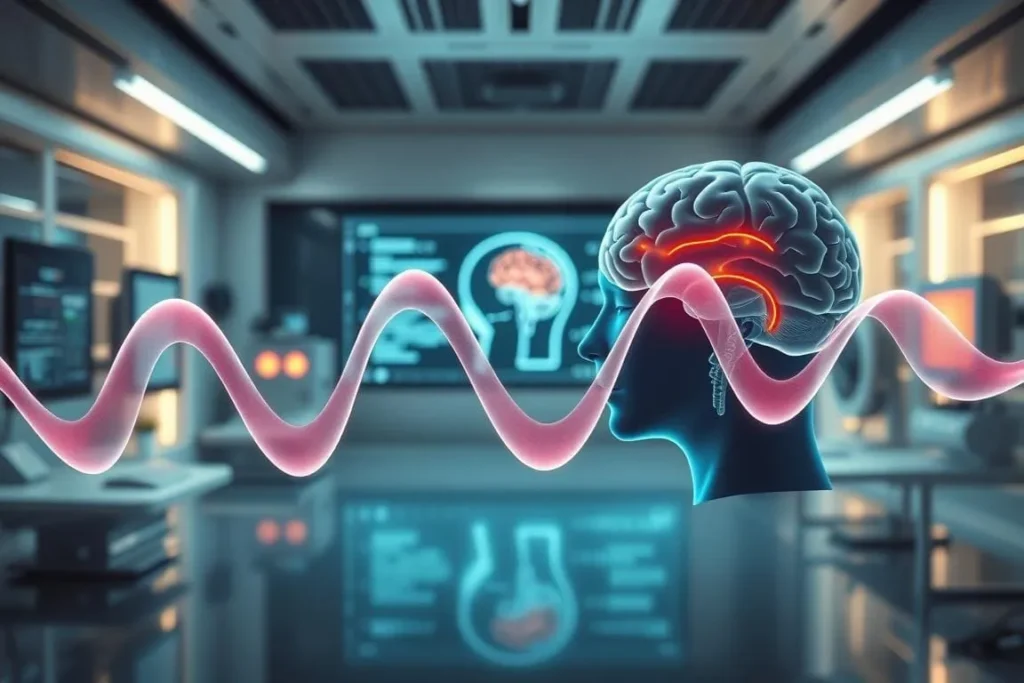 Brain scan with pink sound wave in laboratory setting. The Genius Wave review.