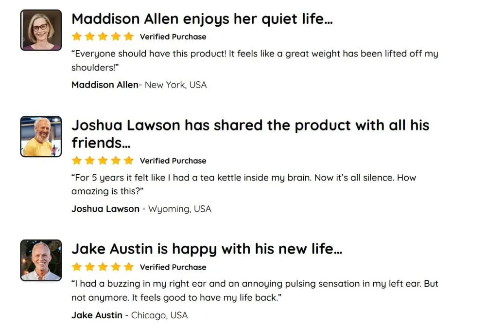 Customer testimonials for a product, featuring three people's experiences. Quietum Plus.