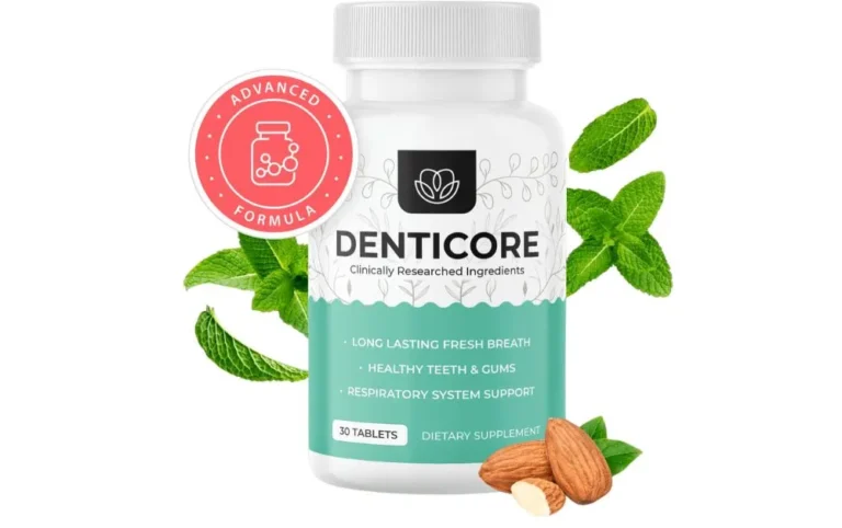 Denticore supplement bottle with mint and almonds, black background.