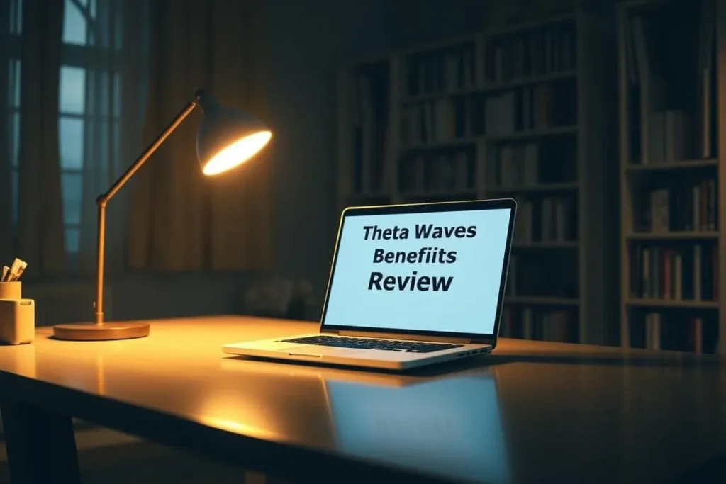 Laptop on a desk with text Theta Waves Benefits Review on the screen. The Genius Wave review.
