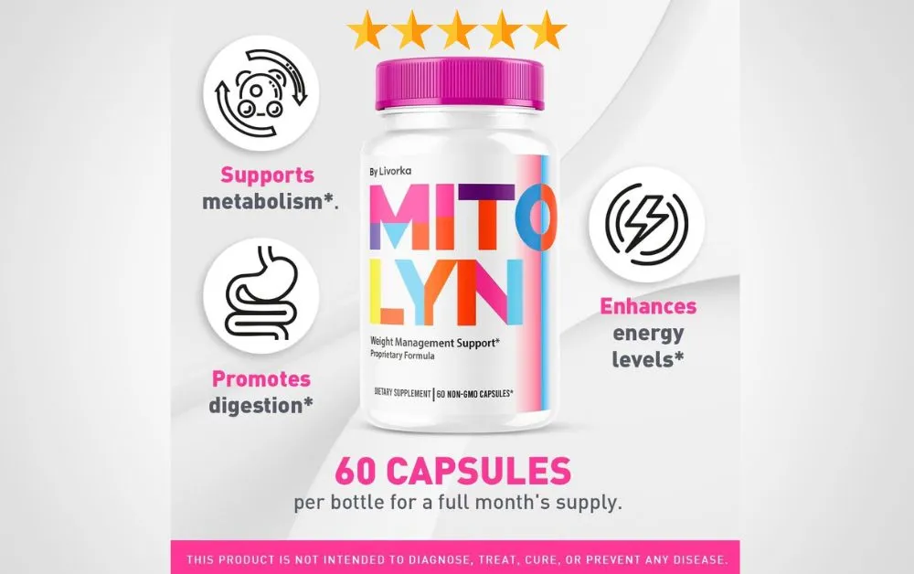Mitolyn supplement bottle with icons and five-star rating. Mitolyn review