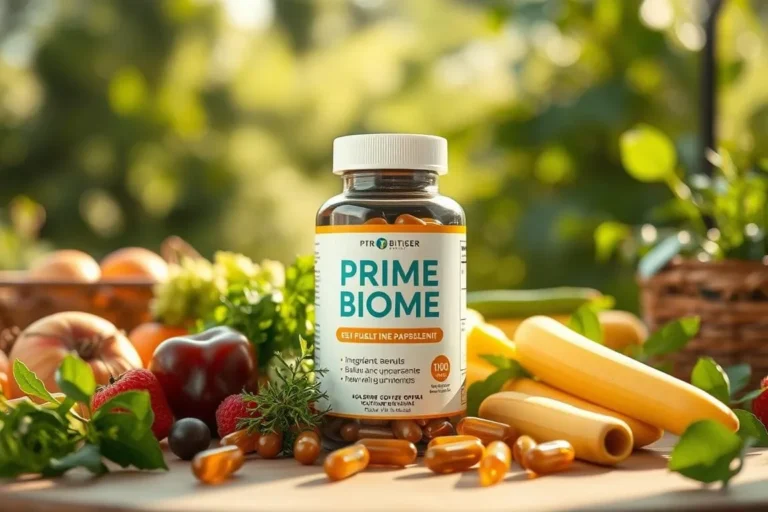 Prime Biome supplement bottle with ingredients and product details. Prime Biome Review.