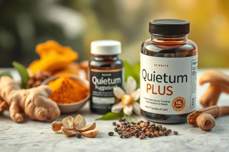 Quietum Plus supplement bottles with natural ingredients. The image features two supplement bottles labeled "Quietum Plus" and "Quietum Fugpele" surrounded by natural ingredients like ginger, turmeric, and black seeds. The Quietum Plus bottle also shows a "110 capsules" label and mentions "Tumerol" and "Relish" on its label.