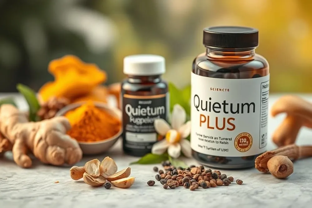 Quietum Plus supplement bottles with natural ingredients. The image features two supplement bottles labeled "Quietum Plus" and "Quietum Fugpele" surrounded by natural ingredients like ginger, turmeric, and black seeds. The Quietum Plus bottle also shows a "110 capsules" label and mentions "Tumerol" and "Relish" on its label.