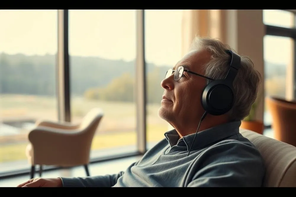 Senior man with glasses and headphones, listening to music. Quietum Plus.
