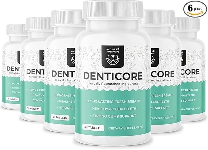 Six-pack of Denticore supplement bottles.