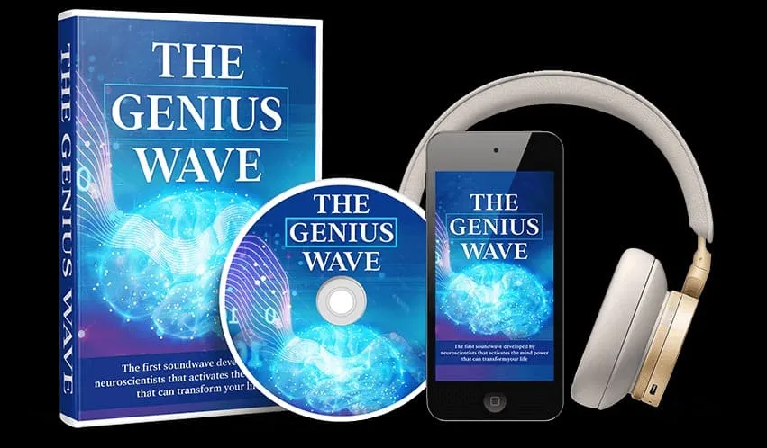 The Genius Wave product package with book, CD, smartphone, and headphones. The Genius Wave review.