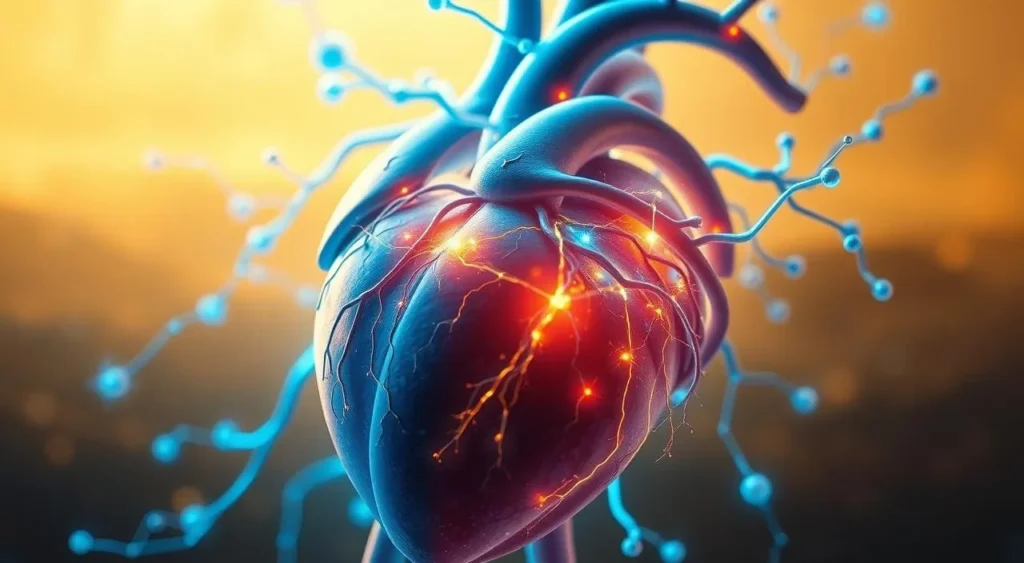 Abstract heart with glowing red and blue details. Nitric Boost.