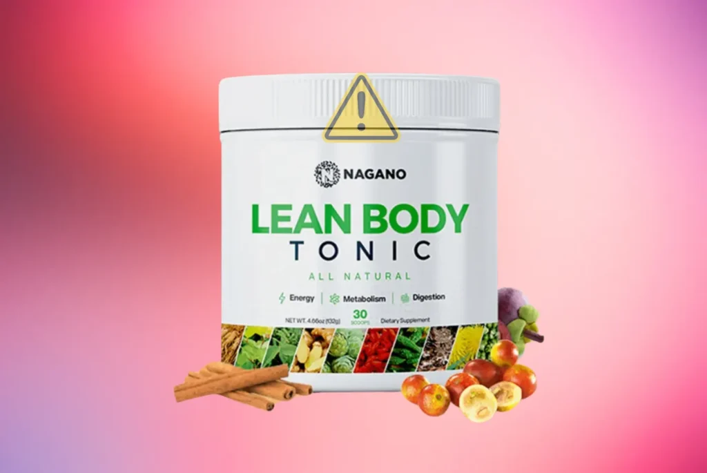 All-natural Nagano Tonic for energy, metabolism, and digestion with cinnamon and fruit, caution symbol.