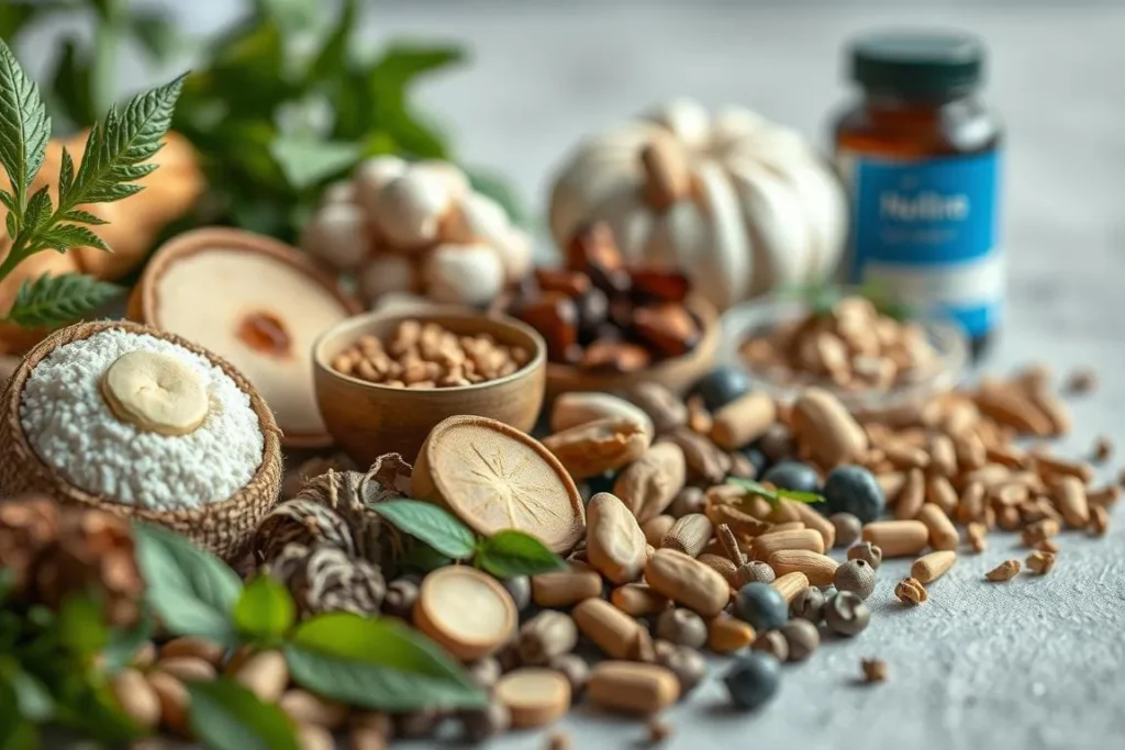 Assorted natural ingredients and supplement bottle. Prostadine supplement.