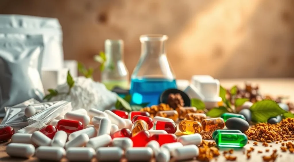 Assorted pills and supplement ingredients on a table. Nitric Boost.