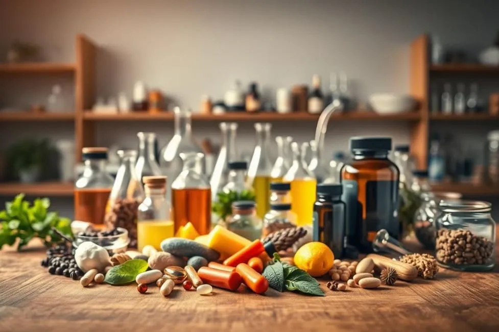 Assortment of natural remedies and laboratory glassware. Gluco 6.