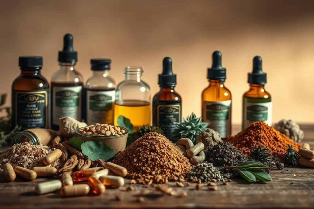 Assortment of various natural supplements and ingredients on a wooden surface. Primal Grow Pro supplement.