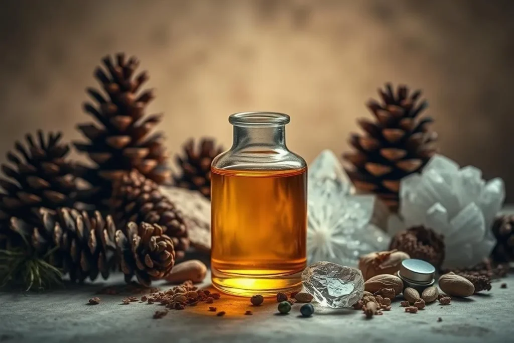 Bottle of Frankincense Oil with pine cones and crystals. Pineal Guardian.