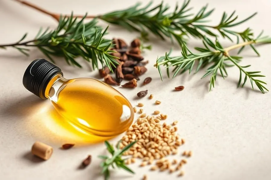 Bottle of essential oil with spices and herbs. Kerassentials.