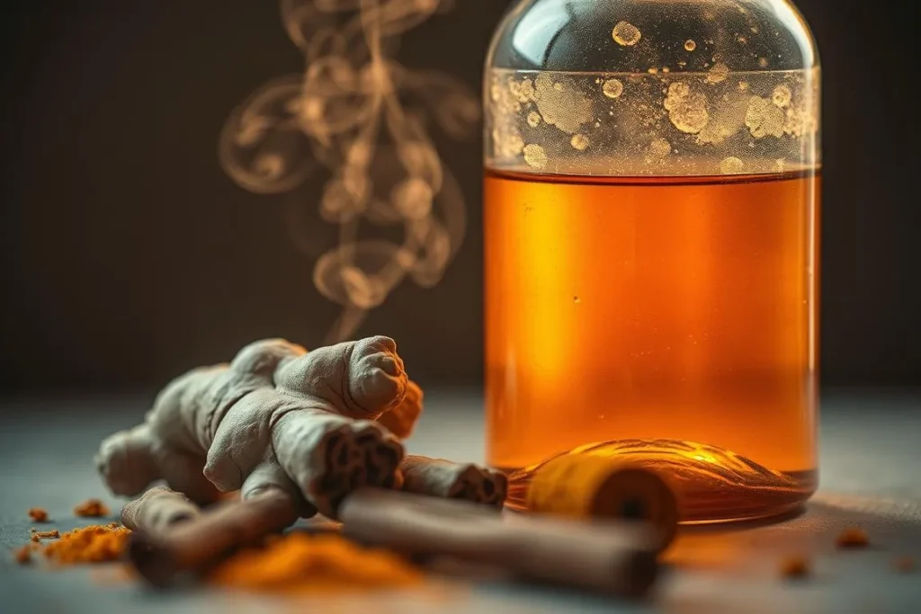 Bottle of kombucha with ginger and cinnamon. Nagano Tonic.