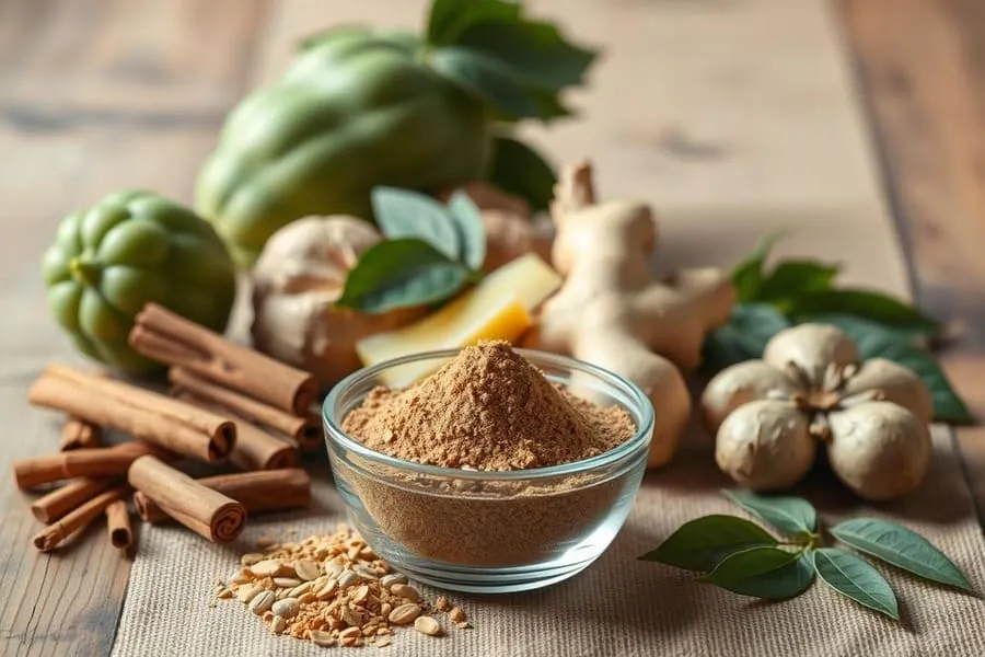 Bowl of brown powder surrounded by various spices and herbs. Blood Sugar Blaster.