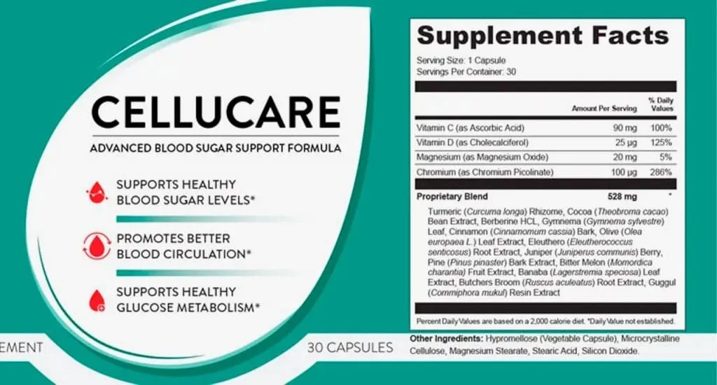 Cellucare supplement bottle with ingredient highlights and supplement facts.