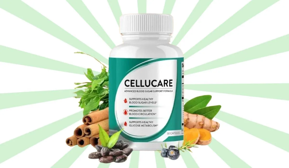 Cellucare supplement bottle with natural ingredients and a light green background