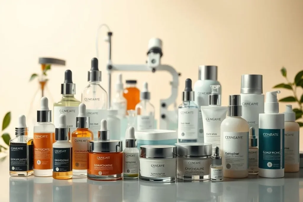 Various Ceneate skincare and beauty products on a reflective surface. .Cellucare.