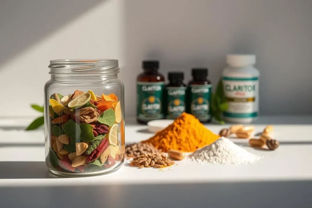Claritox Pro supplement bottle with natural ingredients on a light green background.