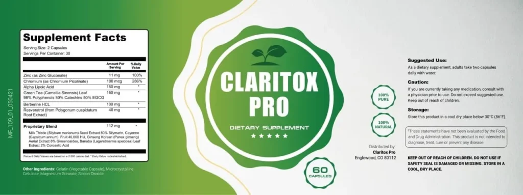 Claritox Pro supplement label with ingredients and usage instructions.