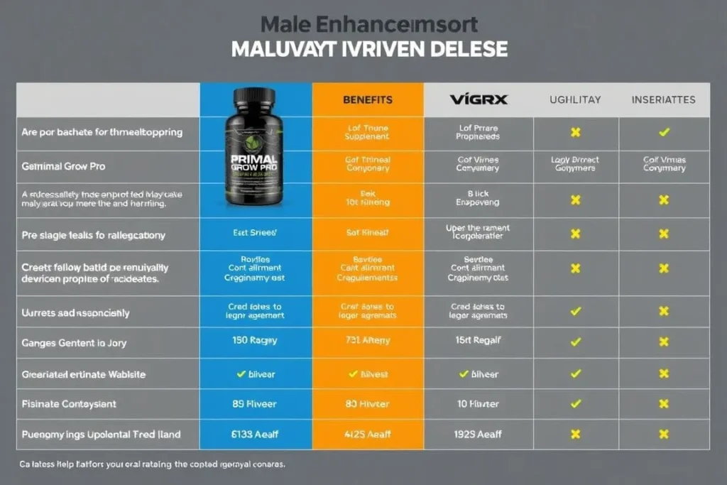 Comparison table for male enhancement products including Primal Grow Pro.