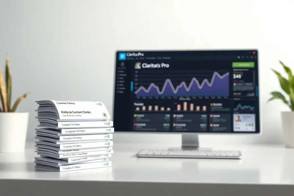 Computer monitor displaying Claritox Pro analytics dashboard with stacked customer files.