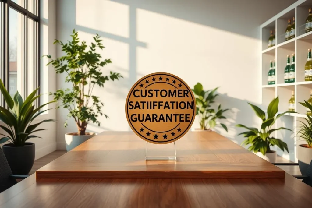 Customer Satisfaction Guarantee sign on a wooden table. Nagano Tonic.