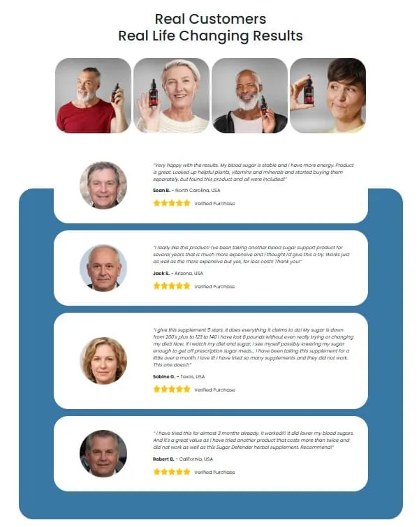 Customer testimonials for Sugar Defender with photos and star ratings.