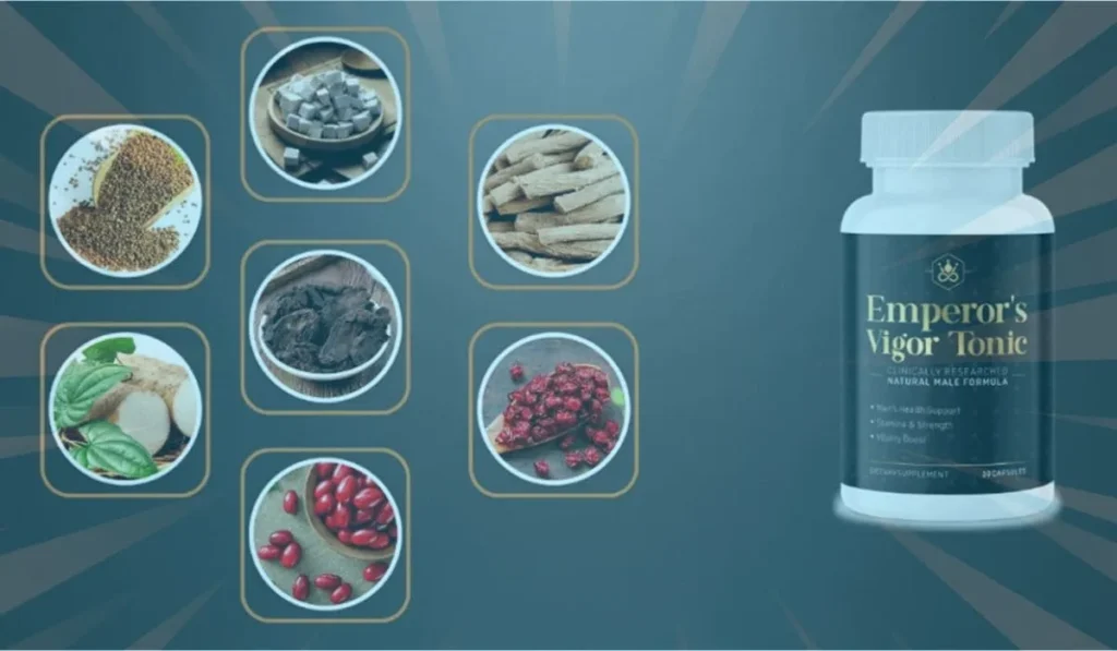 Emperor's Vigor Tonic supplement with ingredient visuals.