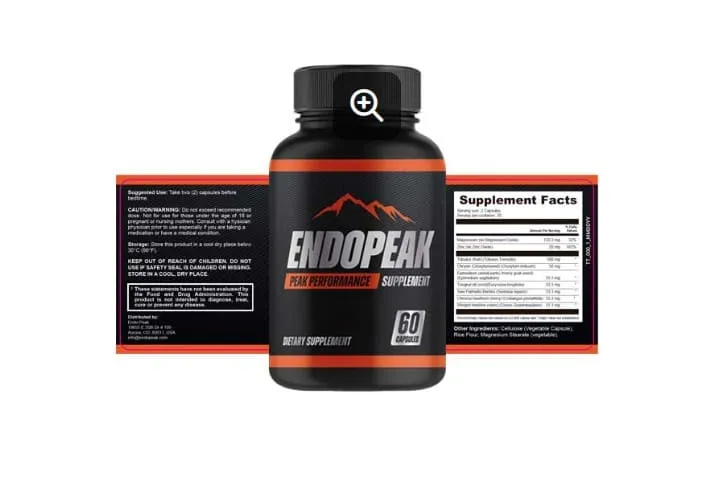 EndoPeak supplement bottle with product packaging details.