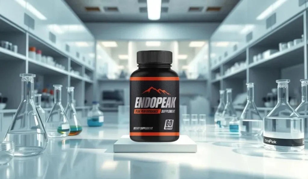 EndoPeak supplement bottle with supplement facts and warnings on an orange background.