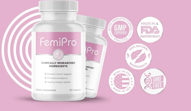 FemiPro supplement bottles with certification seals on a pink background.