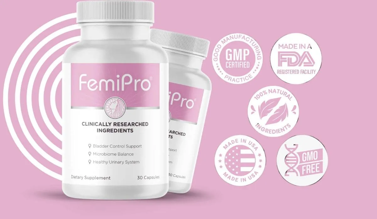 FemiPro supplement bottles with certification seals on a pink background.