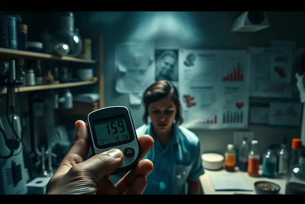 Hand holding a blood glucose meter displaying a high reading, with a blurred person in the background. Sugar Defender.
