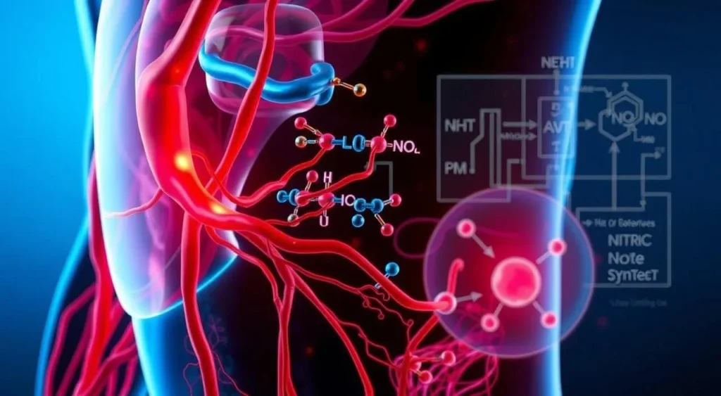 Human anatomy with red blood vessels and chemical formula. Nitric Boost