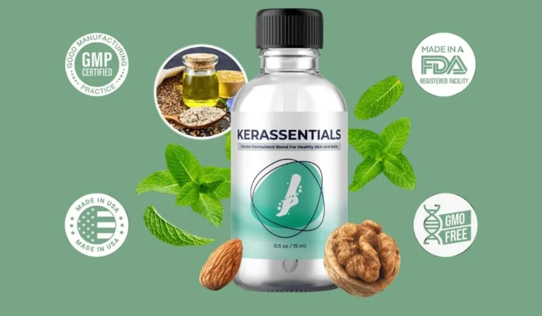 Kerassentials bottle with ingredients and certification seals.