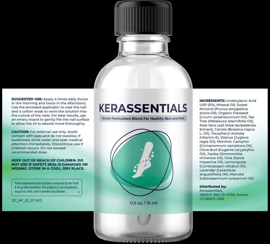Kerassentials bottle with usage instructions and ingredients.