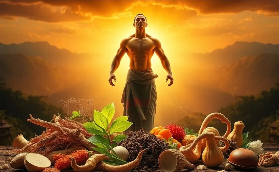Muscular man with natural remedies at sunset. Emperor's Vigor Tonic supplement.