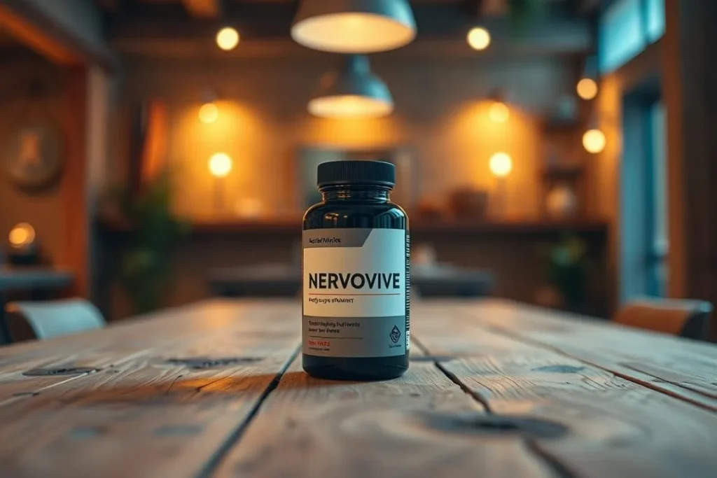 NervoVive supplement bottle on a wooden table in a warm setting.