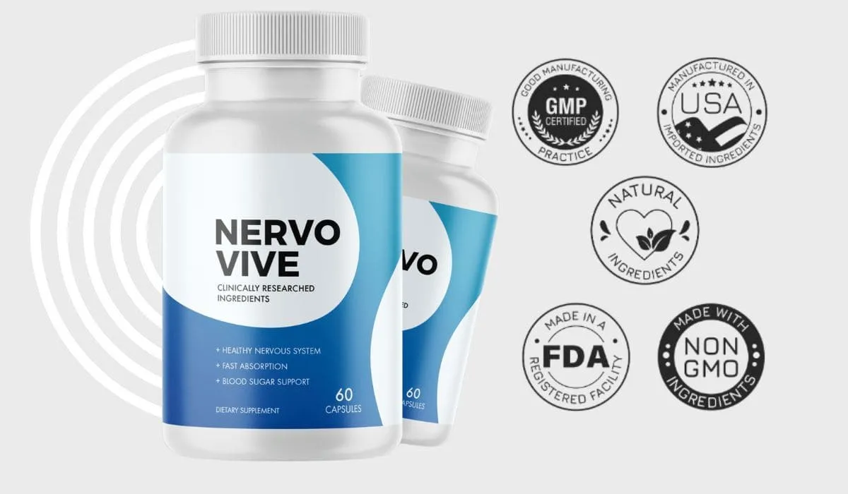 NervoVive supplement bottles with certification seals.