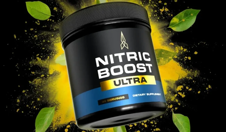 Nitric Boost Ultra supplement jar with green leaves and yellow powder