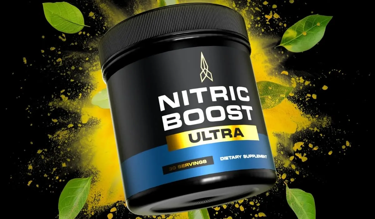 Nitric Boost Ultra supplement jar with green leaves and yellow powder