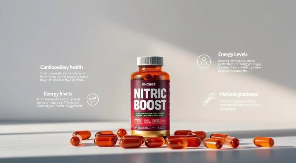 Nitric Boost supplement bottle with capsules and health benefits.