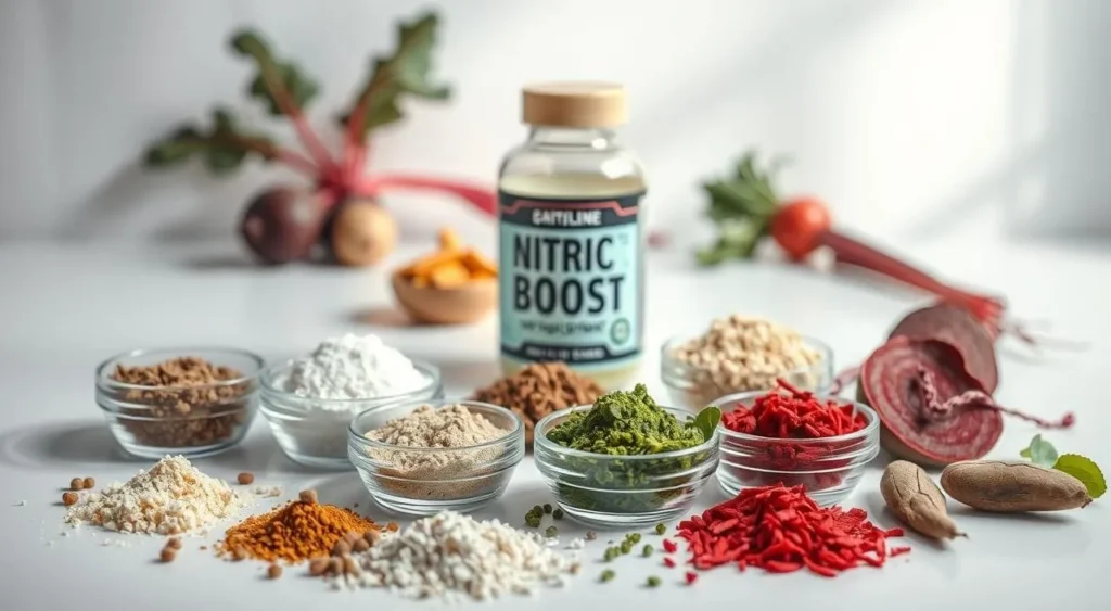 Nitric Boost supplement with ingredients and beetroots.
