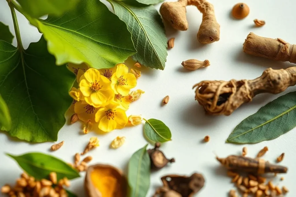Ochna integerrima flowers and seeds with other botanical elements. NervoVive supplement.