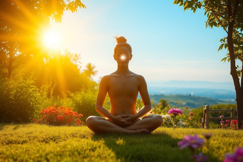 Person meditating outdoors in a lotus position with glowing face. Pineal Guardian.