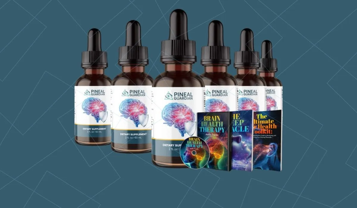 Pineal Guardian supplement bottles with brain health resources.